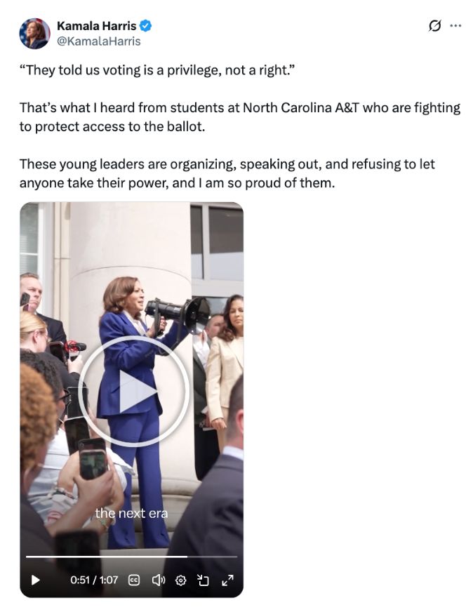 They told us voting is a privilege, not right. That's what I heard from students at North Carolina A&T who are fighting to protect access to the ballot. These young leaders are organizing, speaking out, and refusing to let anyone take their power, and I am so proud of them.